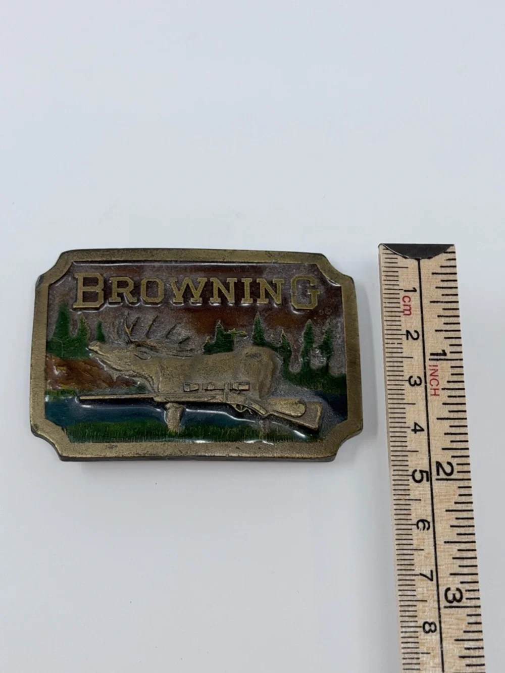 Browning Metal Belt Buckle with Green and Blue Enamel Accents